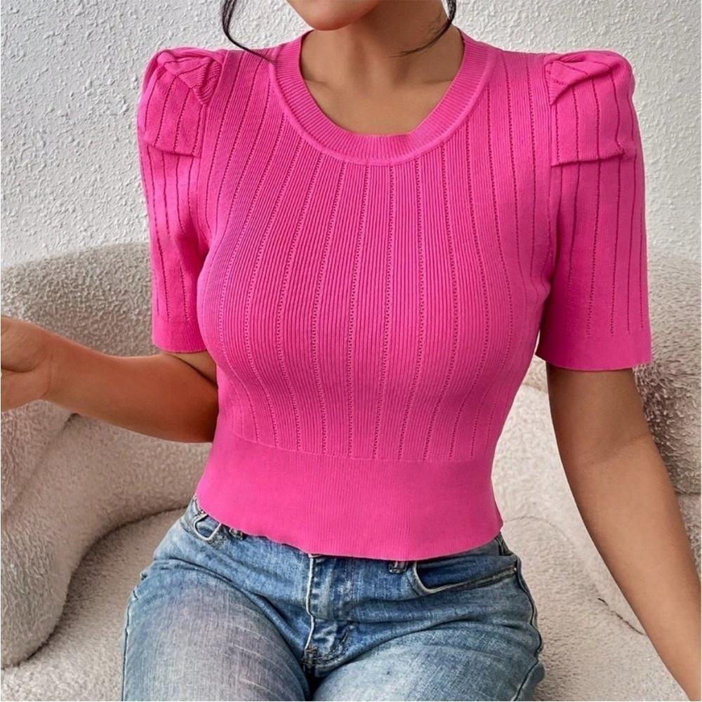 Pink Ribbed Fitted Short Sleeve Blouse - Picture 2 of 3